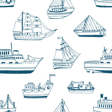 Seamless pattern with doodle ships, yachts, boats, sailing craft, sailboat, nautical vessel
