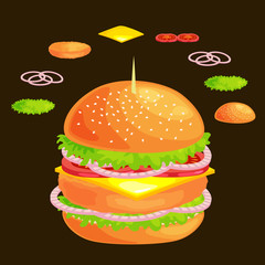 Set of burger grilled beef vegetables dressed with sauce bun snack, hamburger fast food meal menu barbecue meat with detailed individual flying slices menu ingredients vecor illustration background