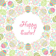 Invitation Happy Easter background pattern with eggs hand drawn blue, green, red, orange with ornaments of flowers, leaves and Mandala elements. Vector illustration.