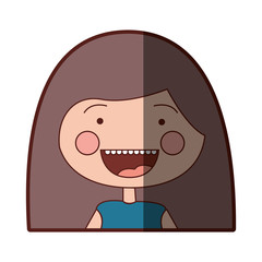 color silhouette shading smile expression cartoon half body girl with long brown hair vector illustration