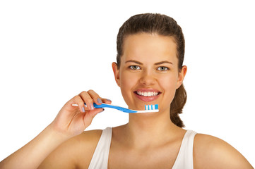 Young woman with toothbrush isolated over white background.