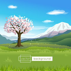 Vector landscape with blooming tree, mountains, blue sky, clouds and green grass in the sunny spring day in gradient colors for use as a template of banner, backdrop, poster or splash screen.