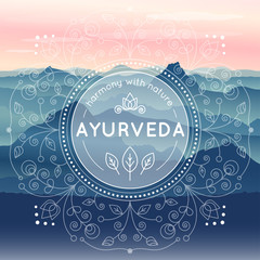 Vector Ayurveda illustration with morning mountain landscape, ethnic patterns and sample text for use as a template of banner, backdrop or poster for ayurveda medicine center or product. - obrazy, fototapety, plakaty