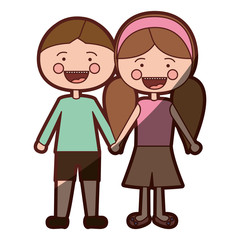 Obraz na płótnie Canvas color silhouette shading smile expression cartoon brown boy hair and girl pigtails hairstyle with taken hands vector illustration