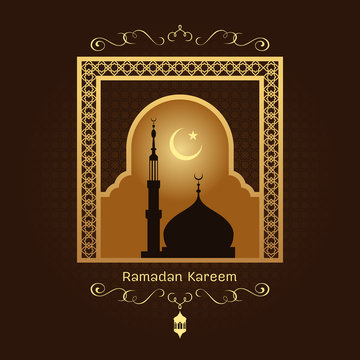 Ramadan kareem - Gold arab window art and masjid at night on brown background vector design