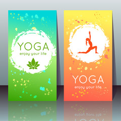 Vector yoga cards with girl in yoga pose, lotus and sample text on a gradient background for use as a template of banner, poster for Yoga day, invitation for yoga center, studio or retreat.