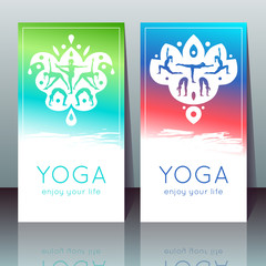 Vector yoga cards with girls in yoga poses, ethnic indian ornament and sample text on a gradient background for use as a template of banner, poster for Yoga day, invitation for yoga studio or retreat.