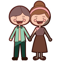 color silhouette shading smile expression cartoon guy and girl collected hairstyle with taken hands vector illustration