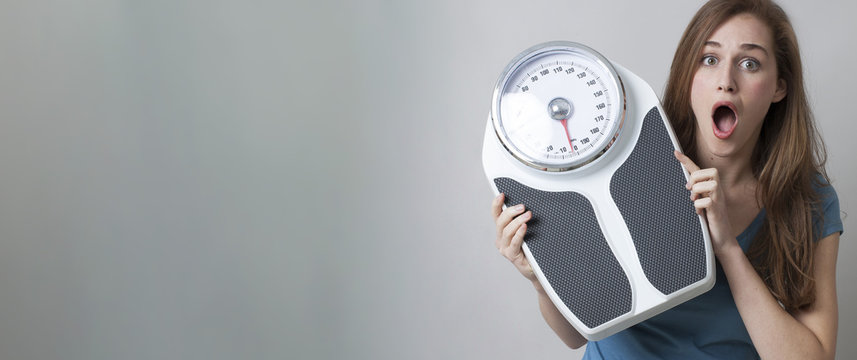 Amazed Young Woman's Weight Control, Header With Copy Space