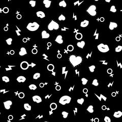 Heart and love. White seamless pattern on a black background.