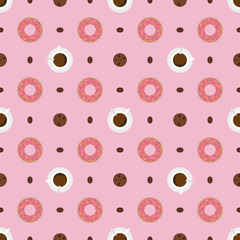 Coffee drinking seamless pattern. Coffee cup with espresso with doughnuts and cookies. Flat style vector illustration on a pink background. Flat icon illustration with top view