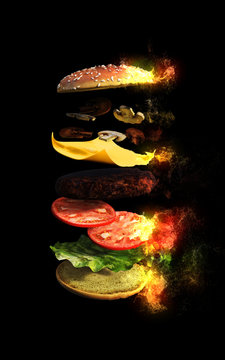 3d Delicious hamburger with flying ingredients on black background, 3d illustration
