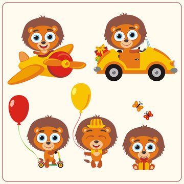 Set isolated lion for holiday design. Little lion in airplane, car, with balloons and gifts. Collection funny lion in cartoon style for children holiday and birthday.