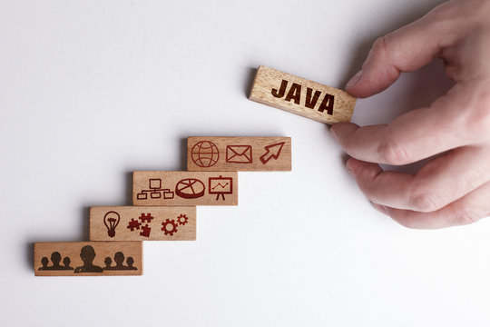 The concept of technology, the Internet and the network. Businessman shows a working model of business: Java