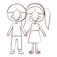 blurred contour shading smile expression cartoon boy hair and girl pigtails hairstyle with taken hands vector illustration