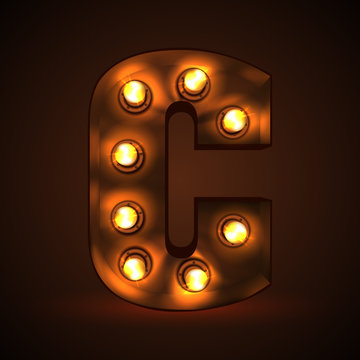 Retro light bulb font. Metallic letter C