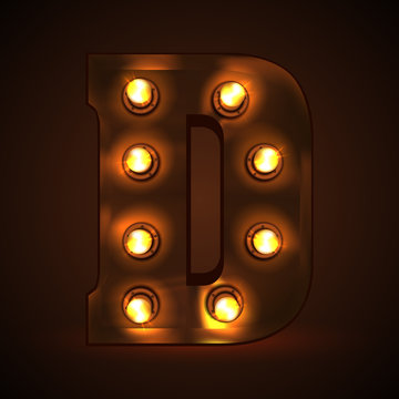 Retro light bulb font. Metallic letter D