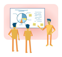 Illustration of a paper man explaining diagram, presentation. Teach, show, learn, lesson, meeting. Simple vector illustration
