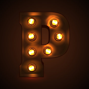 Retro light bulb font. Metallic letter P