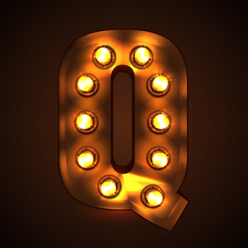 Retro light bulb font. Metallic letter Q