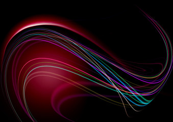 Abstract black background with red back lit with falling wavy colored strips