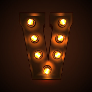 Retro light bulb font. Metallic letter V