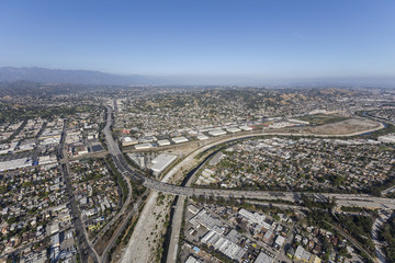 Aerial view of the Glendale Freeway crossing the Los Angeles River in Southern California.  