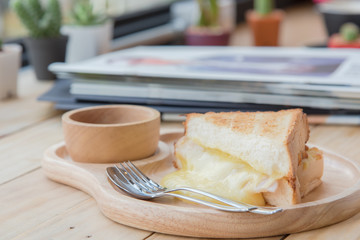 homemade grilled cheese sandwich with tomato sauce for breakfast in coffee shop
