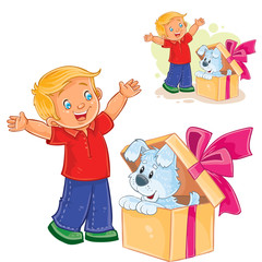 Vector illustration of a little boy opened a gift box and saw a puppy sitting there. Print
