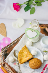 Breakfast in bed on Valentine's day in hotel