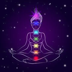 Vector illustration of a young woman in lotus pose with highlighted chakra colors. Line art