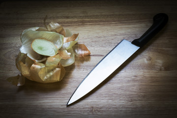 onion, cutting board, food prep, knife
