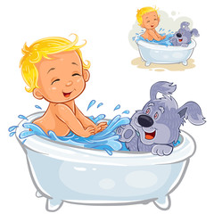 Naklejka premium Vector illustration of a little baby taking a bath with his dog and sprinkling water on it. Print