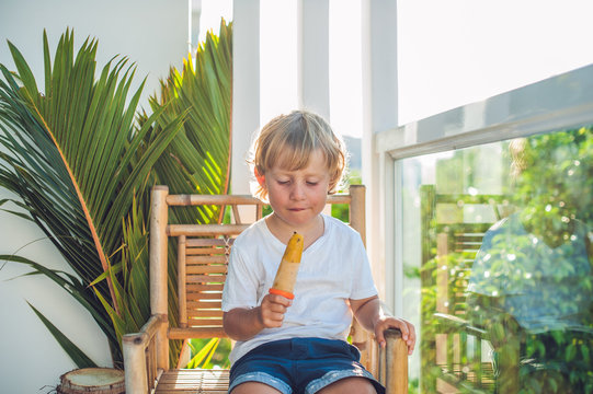 Cute little blond boy eating a homemade icecream sitting on a wooden chair.