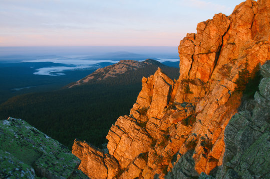 Autumn landscape in the mountains at dawn.