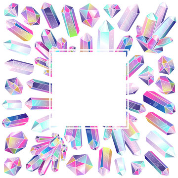 Crystals square frame. Multicolored gradient colorful gem stones. Vector illustration.