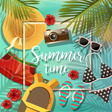 Set with summer things and symbols on the background of the sea. Summer time. Vector design. Lettering. Can be used for advertising, web and banner