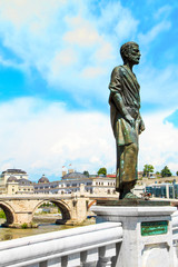 Obraz premium Sculptural ensemble near the Skopje Archaeological Museum overlooking the Stone Bridge, Macedonia