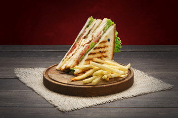 Fast food meals at sandwich bar, fries and cola drink