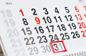 Calendar 31 May close-up, shallow dof