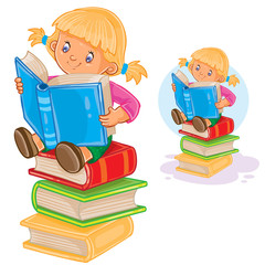 Vector illustration of a little girl is sitting on a pile of books and reading another book. Print