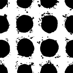 Abstract black and white retro seamless background. Hand drawn big black ink polka dot pattern with splashes. Vector illustration.