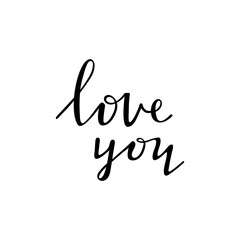 Love you - black ink handwritten lettering design isolated, photo overlay . Perfect for valentine day, wedding and romantic invitations, greetings. Vector illustration.