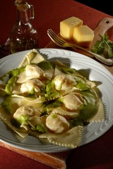 Panzoti stuffed with pear and brie with arugula cream