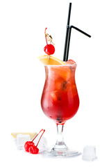 Tom Collins cocktail with orange and cherry isolated