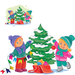 Obraz na płótnie Canvas Vector winter christmas illustration of a little boy and girl decorating a Christmas tree with balls and garlands. Template for greeting cards, postage stamps