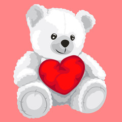 White toy bear with red heart in cartoon style