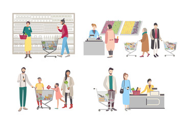 Obraz na płótnie Canvas Concept for supermarket or shop. Set with buyers characters at the cash register, near the racks, weighed goods, people with shopping cart. Collection vector illustration.