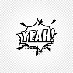 Isolated abstract black and white color comics speech balloon icon on checkered background, dialogue box with popular expressions, pop art dialog frame vector illustration