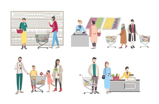 Concept for supermarket or shop. Set with buyers characters at the cash register, near the racks, weighed goods, people with shopping cart. Collection vector illustration.